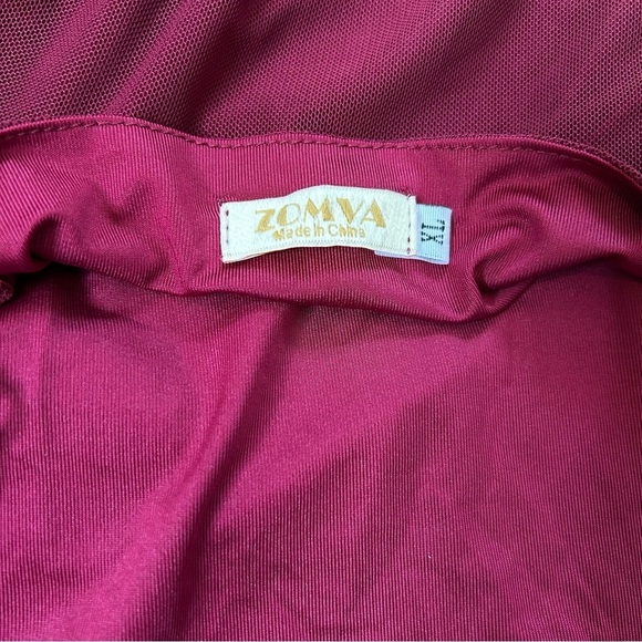 NWOT Zomva Burgundy Evening Midi Dress Mesh Second Skin Bodycon Size XL Ruched - Picture 2 of 11